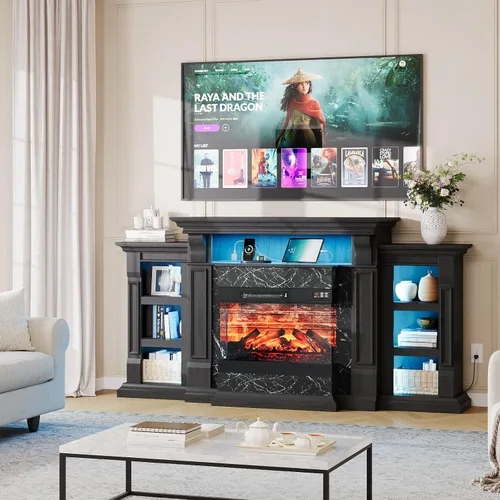 Vista 2 de LGHM Soporte de TV con chimenea eléctrica LED con tomacorriente, mantel de chimenea de 72 pulgadas para televisores de hasta 80 pulgadas, moderno