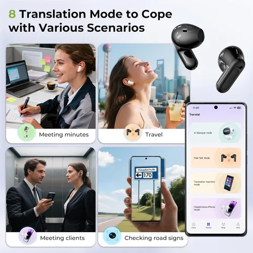 Vista 2 de Auriculares de traducción AI NE20 en tiempo real, traductor de idiomas con pantalla táctil LCD 6 modos de traducción Audifonos Traductores Inglés