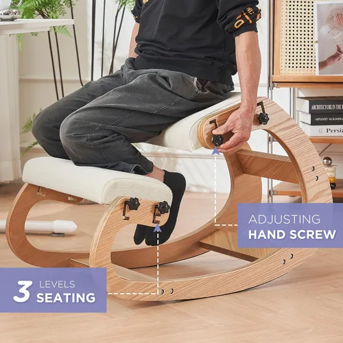Vista 3 de Silla ergonómica, mecedora ajustable para oficina en casa, silla de rodilla de madera para aliviar el dolor de espalda, color beige