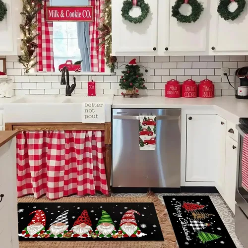 Vista 2 de Juego de 2 alfombras de cocina de Navidad - Alfombra de cocina a cuadros de búfalo, gnomos de árbol, alfombra de cocina negra, alfombra de piso