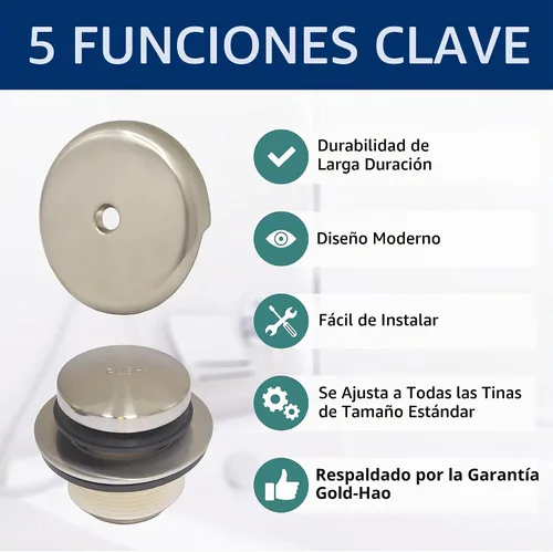Vista 2 de Kit de drenaje de bañera con tapa de desbordamiento de 1 agujero, níquel Juego de adornos de drenaje de bañera con tapón de punta y cubierta
