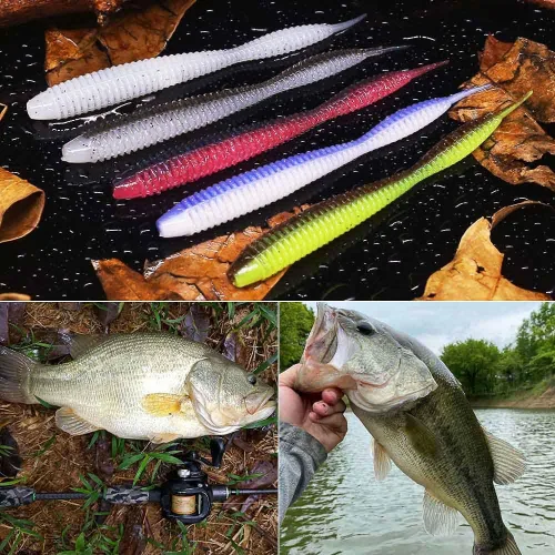 Vista 6 de Aparejos de pesca de gusanos de plástico suave para lubina, gusanos de goma de 4 pulgadas, gusanos locos, cebos de cola recta, kit de 49 piezas