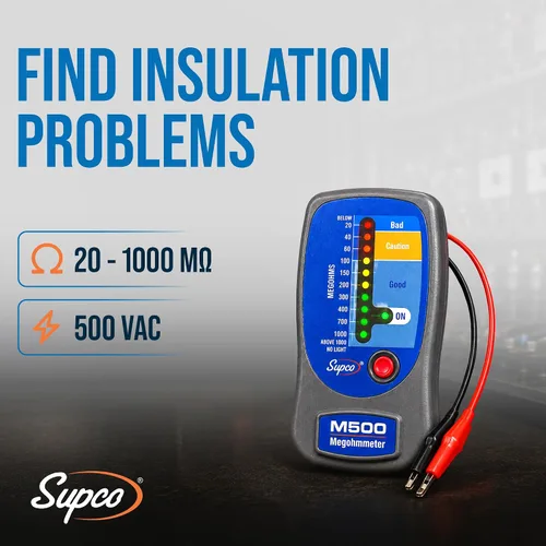 Vista 2 de Supco M500, medidor de aislamiento, megóhmetro electrónico con estuche suave portátil, de 0 a 1000 megohms Probador de aislamiento eléctrico