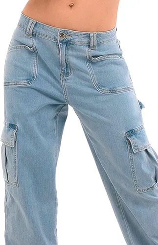 Vista 3 de FALABELLA Jeans tipo cargo holgados de cintura media y alta para mujer con bolsillo de solapa, pantalones de mezclilla holgados de pierna ancha