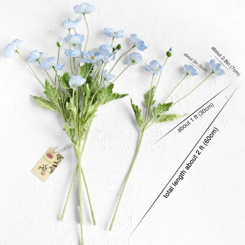 Vista 3 de FiveSeasonStuff Ramo de flores artificiales de amapolas de seda para recuerdo, hogar, boda, 22 pulgadas, 6 tallos (azul hielo antártico)