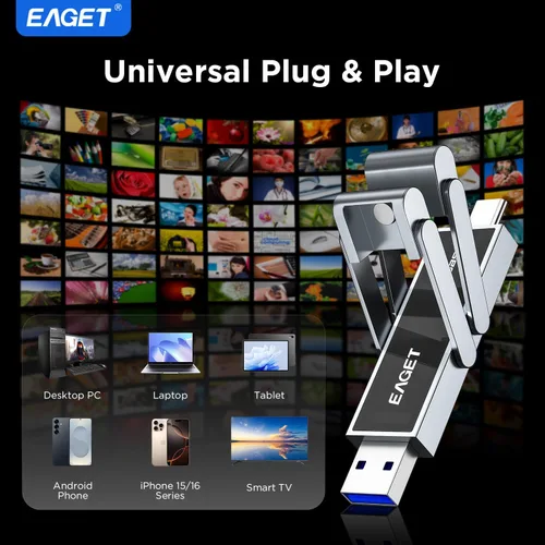 Vista 5 de EAGET Unidad flash USB dual de alta velocidad de 512 GB, hasta 2100 MB/s, SSD portátil con USB 3.2 + USB-C, marco de metal y diseño de ventana