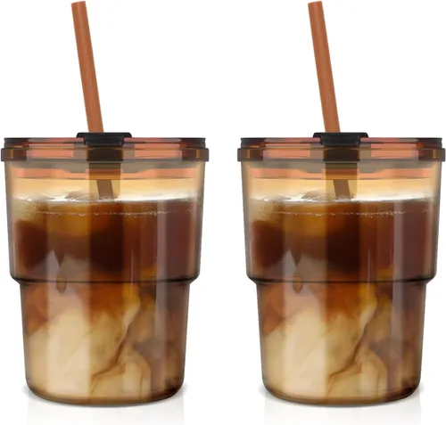 Vista 17 de Luxfuel Vaso Tumbler de Agua de Vidrio de 13 onzas con Pajita y Tapa, Tazas Reutilizables para Café Helado, Té Helado, Vaso Tumbler de Vidrio