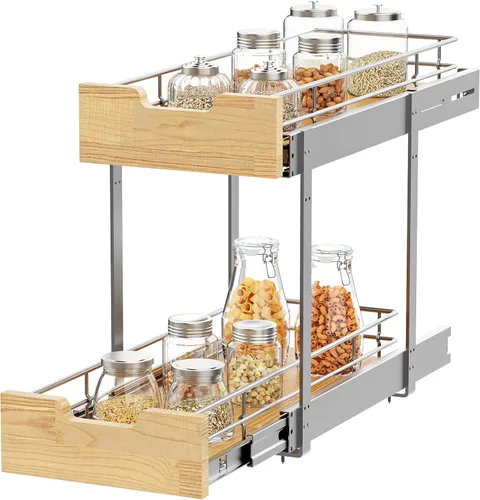 Vista 8 de Sikarou Organizador de gabinete extraíble, estante deslizante resistente, cesta de madera y alambre, cajón extraíble para cocina debajo