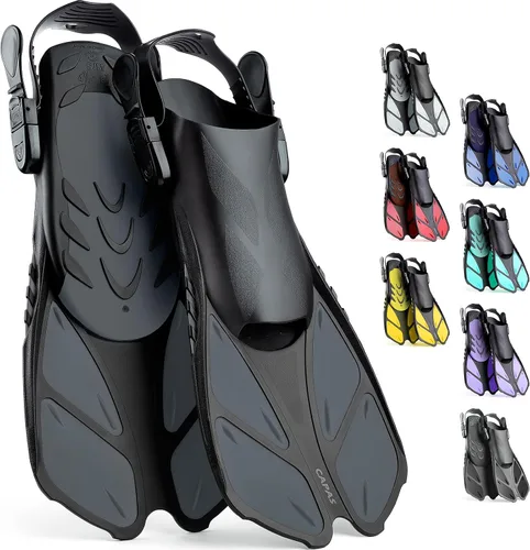 Vista 8 de CAPAS - Aletas de natación de talón abierto, tamaño de viaje, cortas, ajustables para buceo, adultos, hombres, mujeres y niños