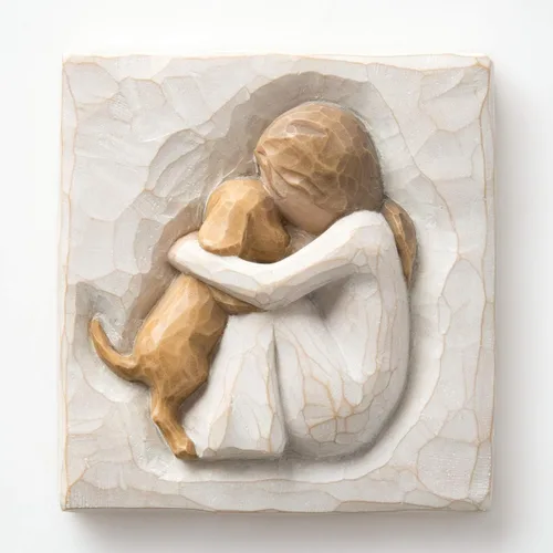 Vista 2 de Willow Tree True, Truly a Friend, una expresión de amistad y amor por los perros en bajorrelieve tallado, placa esculpida pintada a mano Sentiment