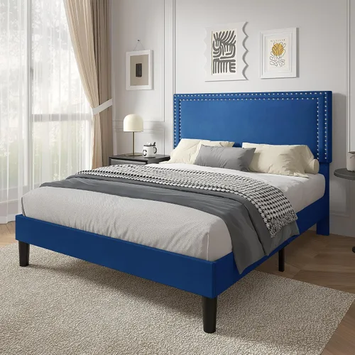 Vista 162 de VECELO Base de cama de plataforma de tamaño individual con cabecera tapizada de altura ajustable, base de colchón moderna, soporte de listones