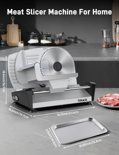 Vista 5 de Cortadora de Carne, TOKASS Cortadora Eléctrica de Alimentos Deli de 200W con 2 Cuchillas Removibles de Acero Inoxidable de 7.5'', Cortadora de Carne
