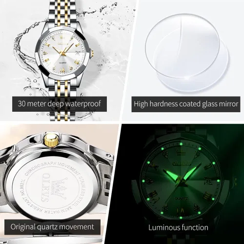 Vista 5 de OLEVS Reloj para parejas para él y ella, reloj analógico de cuarzo para hombres y mujeres, de acero inoxidable, impermeable, luminoso, fecha, reloj