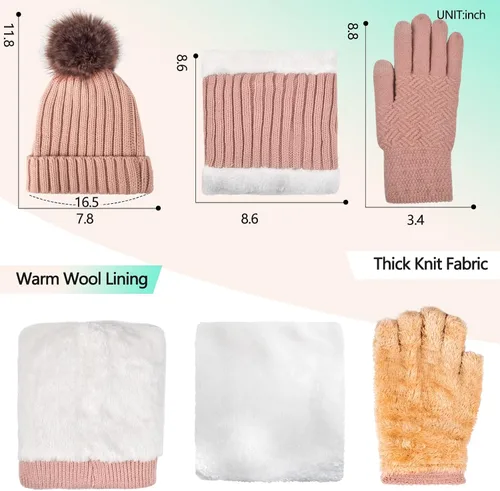 Vista 2 de Juego de 3 gorros de punto de invierno para mujer bufanda y guantes para pantalla táctil con pompón
