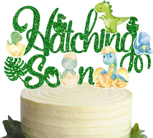 Vista 2 de Decoración para pastel de dinosaurio para eclosionar, decoración de dinosaurio para baby shower, temática de dinosaurio con purpurina verde