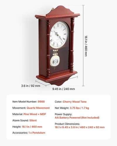 Vista 7 de VEVOR Reloj de pared vintage de abuelo, reloj de pared de madera de pino de 18 pulgadas con péndulo, relojes de pared de MDF con movimiento