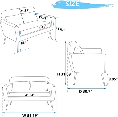 Vista 2 de Sofá biplaza para espacios pequeños, sofá moderno de 51 pulgadas para parejas con 2 almohadas, sofá de terciopelo para oficina, sofá futón, mini