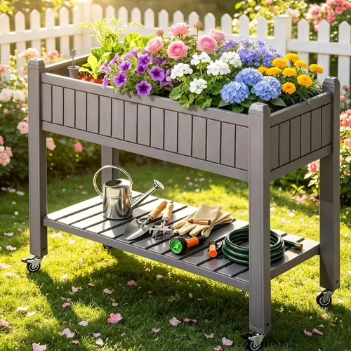 Vista 13 de YITAHOME Cama de jardín elevada de polietileno de alta densidad, 47 x 18 x 31 pulgadas, maceta elevada de madera de polietileno resistente a