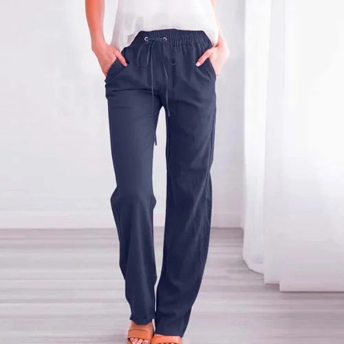 Vista 2 de Pantalones para mujer, elegantes, informales, de trabajo, de algodón, lino, pierna recta, con cordón, cintura elástica, holgados, cómodos, palazzo