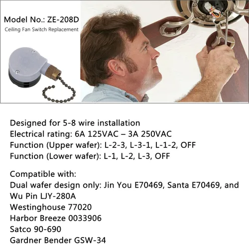Vista 2 de Interruptor de ventilador de techo Zing Ear ZE-208D 3 velocidades 5-8 Interruptor de cadena de tracción Interruptor de control de velocidad