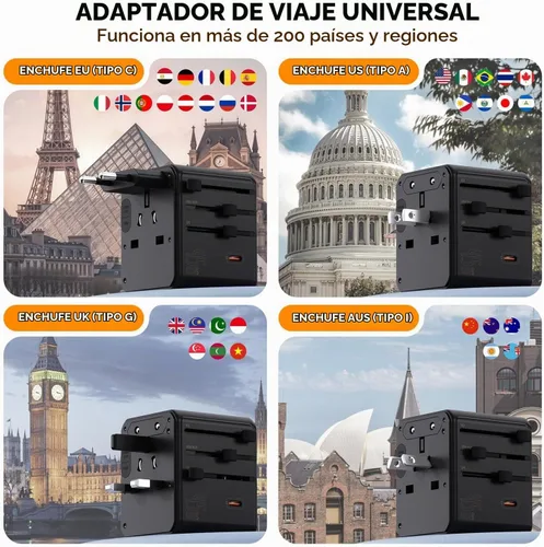 Vista 5 de Auxmir Adaptador de viaje universal, adaptador de enchufe de viaje de carga rápida PD de 45 W Negro