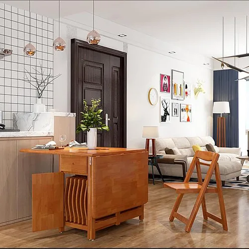 Vista 7 de Mesa y sillas plegables, mesa de comedor de extensión de hojas caídas con ruedas y cajón, juego de mesa de comedor de madera maciza de 5 piezas Negro