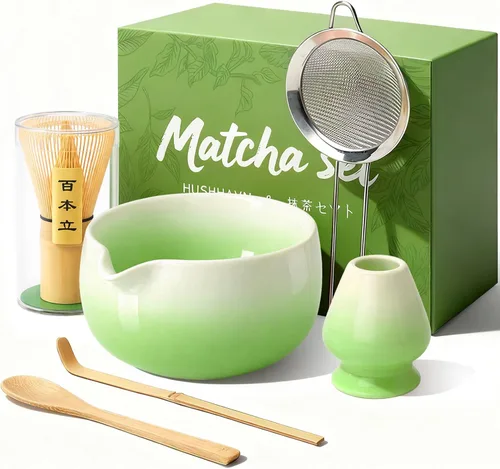 Vista 11 de Juego de batidor Matcha con cuenco de cerámica y cazador de bambú hoja azul