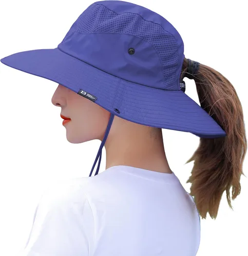 Vista 15 de Sombrero de cola de caballo para mujer, ala ancha, protección UV, malla para playa, pesca, jardinería