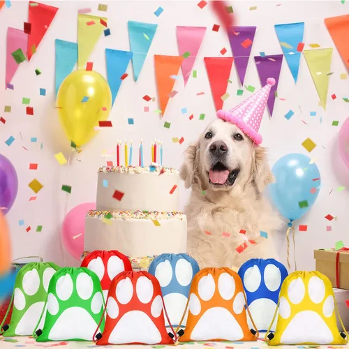 Vista 4 de Shappy 24 mochilas con cordón y estampado de patas, bolsa con cordón para cachorros, bolsas reutilizables a granel para regalo de dulces