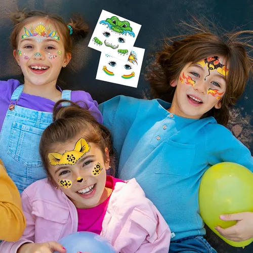 Vista 2 de EMOME Tatuajes faciales para niños, paquete de 24 hojas, tatuajes de pintura facial, maquillaje para niños y niñas, suministros de fiesta