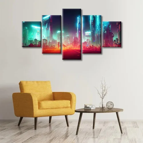 Vista 360 de Cuadros de 5 paneles de Cyberpunk City, arte de pared, representación de vallas publicitarias, edificios modernos en la capital con obras de arte