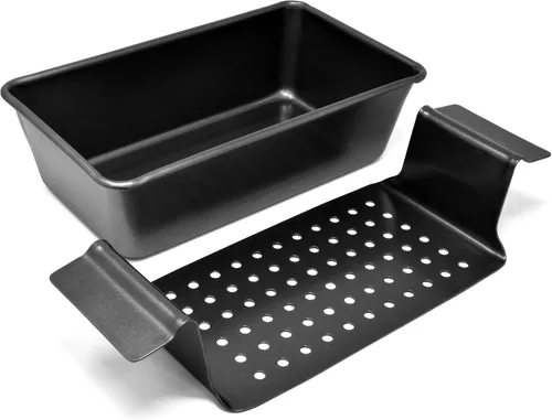 Vista 9 de PERLLI Molde para pan de carne con bandeja de goteo, 2 unidades, 9.8 x 5.7 pulgadas, sartén antiadherente de cobre para pastel de carne con bandeja