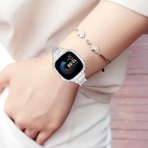 Vista 7 de MOFREE Compatible con Fitbit Versa 4 bandas/Fitbit Sense 2 bandas mujeres con funda protectora rígida para parachoques, joyería elegante, pulsera