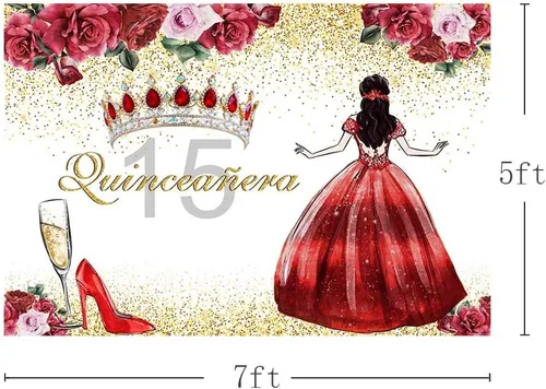 Vista 2 de AIBIIN Telón de fondo de quinceañera de cumpleaños número 15 para niñas, fondo de fotografía floral rojo, corona de princesa, tacones altos