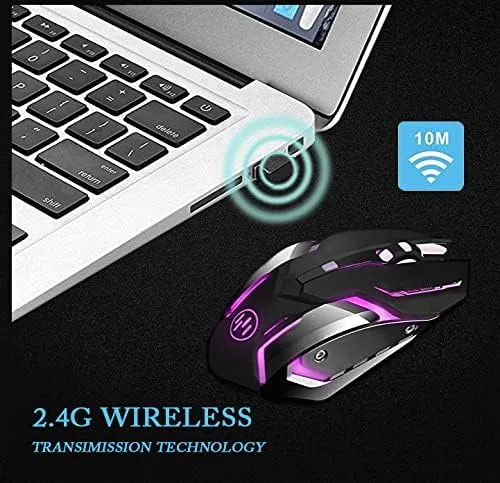 Vista 2 de Scettar Ratón inalámbrico para juegos, mouse recargable para juegos de computadora, clic silencioso, 7 luces LED, 3 DPI ajustables, placa de hierro