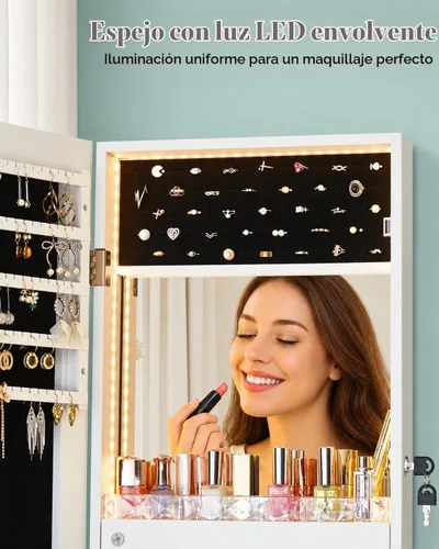 Vista 7 de LUXFURNI - Armario de joyería LED blanco montado en pared, espejo de 42
