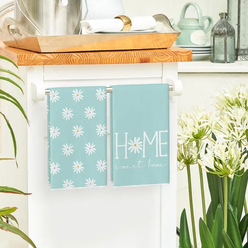 Vista 4 de Artoid Mode Blue Home Sweet Home Flowers - Juego de 2 toallas de cocina, 18 x 26 pulgadas, decoración de verano, juego de 2 toallas de mano