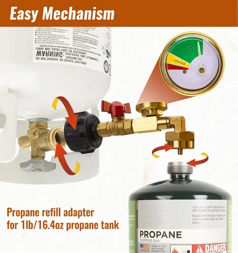Vista 5 de CALPOSE Adaptador de Recarga de Propano con Válvula y Medidor, Llena Botellas de 1 Libra desde Tanque de 20 Libras, Compatible con Tanque de Propano