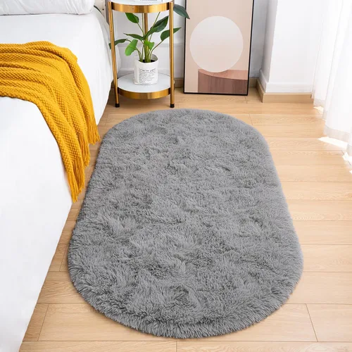 Vista 20 de Goideal - Alfombra esponjosa de dormitorio, alfombra pequeña ovalada, alfombra negra peluda para mesita de noche, ideal para habitación infantil