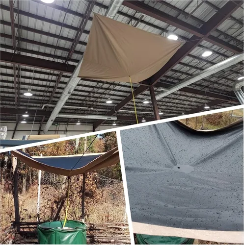 Vista 5 de Tredre Desviador de fugas de techo, tela Oxford 420D resistente, lona desviadora de fugas de techo con manguera de drenaje de 10 pies, caqui, 3 x 3