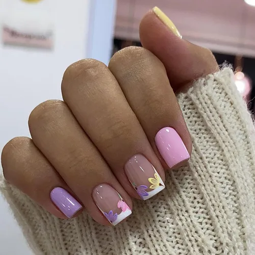 Vista 11 de Uñas postizas cortas a presión, uñas acrílicas cuadradas, coloridas de cobertura completa, uñas adhesivas brillantes en líneas, uñas reutilizables