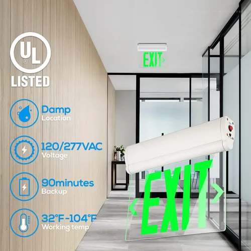 Vista 2 de LEONLITE Señal de salida de emergencia verde, UL 924, señal de salida LED iluminada por borde, luces de salida cableadas con respaldo de batería