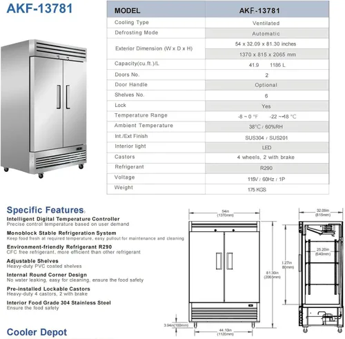 Vista 6 de Congelador comercial de 2 puertas con alcance vertical sólido en dos secciones de acero inoxidable certificado NSF 54 pulgadas de ancho, capacidad