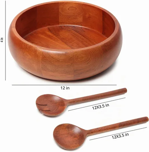 Vista 4 de Ensaladera de madera extra grande con 2 servidores, 12 x 4 pulgadas, capacidad de 4.5 cuartos de galón, cuenco para servir ensalada seguro