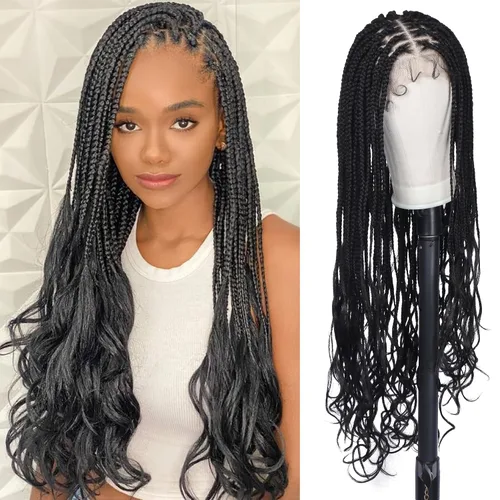 Vista 10 de Alebery Pelucas Trenzadas de Caja Bohemias Sin Nudos de Encaje Frontal HD 13X8 para Mujeres Negras Pelucas de Trenzas de Caja Bohemias con Rizos