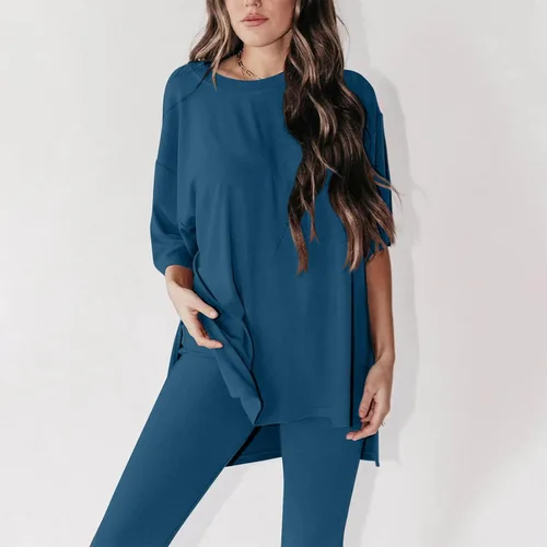 Vista 4 de Gumipy Women's 2 Piece Outfit All Weekend Long Pant Set Casual Fall Outfits 34 Sleeve Ribbed T-Shirt & Wide Leg Pants Tracksuit