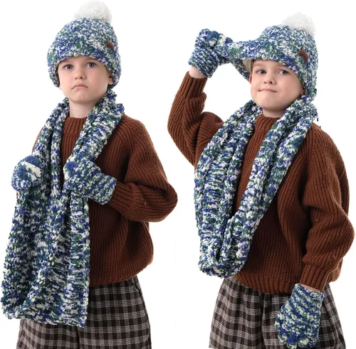 Vista 6 de Toddler Boys Girls Winter Warm Knit Beanie Hat Neck Scarf Touchscreen Gloves with Fleece Lined Cap for 3-10 Year Kid Gifts