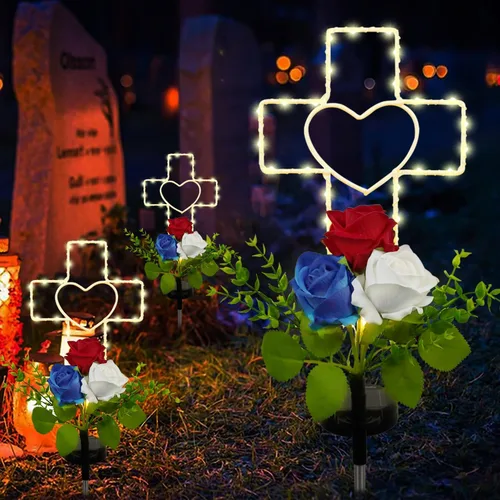 Vista 2 de Lmtocs Decoraciones solares para el Día de los Caídos, luces de cruz, decoraciones del 4 de julio, luces conmemorativas al aire libre, decoraciones