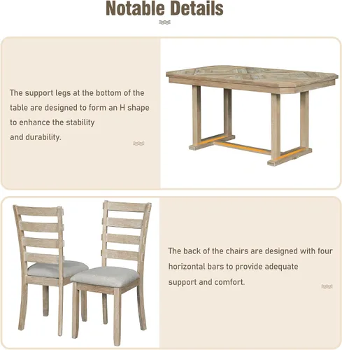 Vista 44 de Juego de mesa de comedor vintage de 6 piezas, juego de mesa de comedor de cocina de madera maciza con 4 sillas ergonómicas acolchadas y banco, mesa