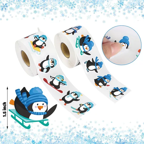 Vista 3 de 1200 PCS Calcomanías en Rollo de Pingüinos Calcomanías de Sellos de Pingüinos de Invierno Azules de Dibujos Animados Etiquetas de Sobre Rollo